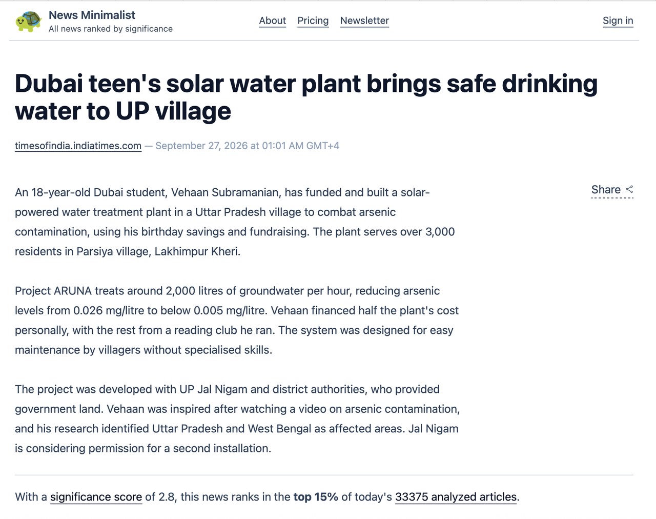 Article preview of News Minimalist coverage of Project ARUNA